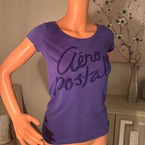 💜 90s Style Aeropostale Purple Tee – Sequin Logo Lettering, Size Small 💜